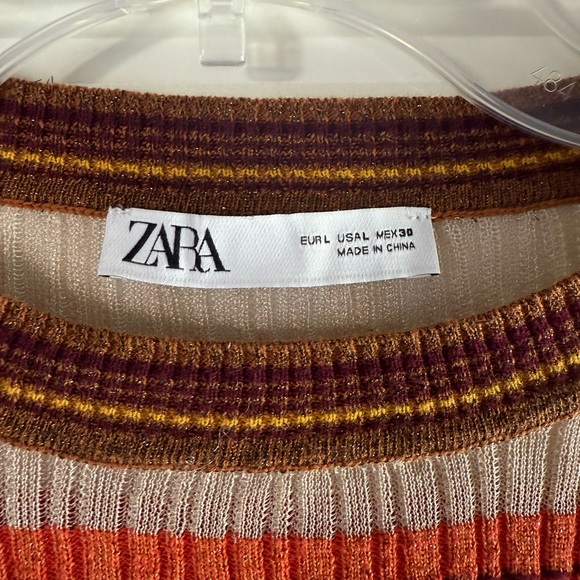 Zara Women’s Brown & Orange & Cream Sparkly Striped Bell Sleeve Knit Sweater - Picture 8 of 13
